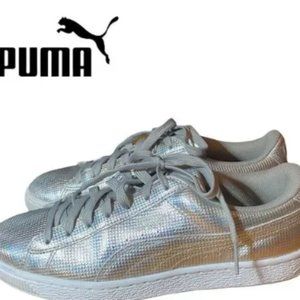 PUMA Women's Basket Holographic Silver Leather Sneakers size 7